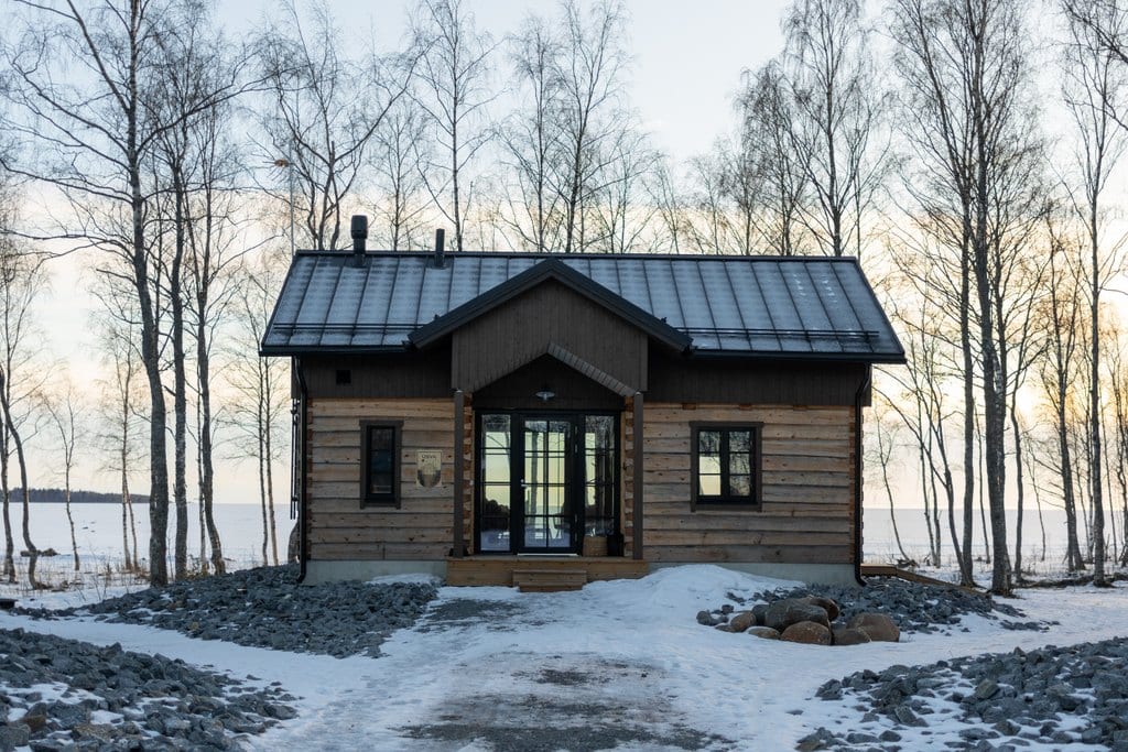 Log cabin among birch trees in winter