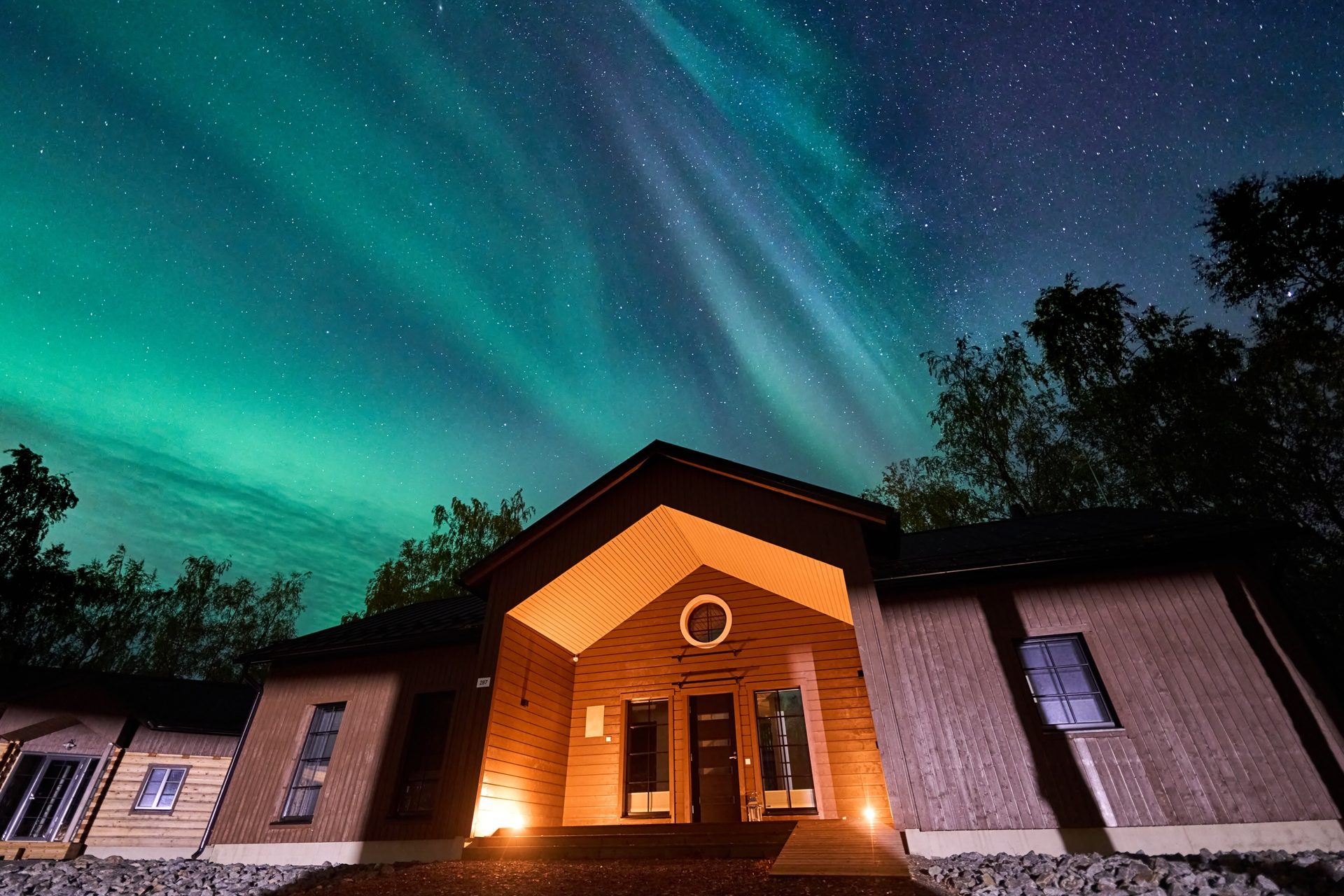 Aava main building under the northern lights