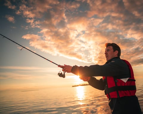 Man in a life vest casting a lure at sunset